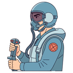 Pilot in uniform holding a control stick.