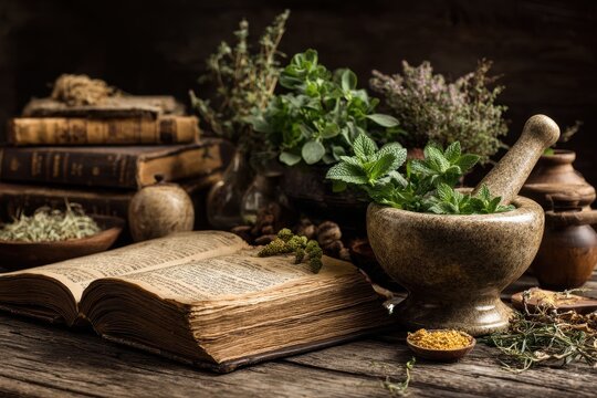 Natural Apothecary: Herbs, Books, and Mortar & Pestle for Alternative Medicinal Research
