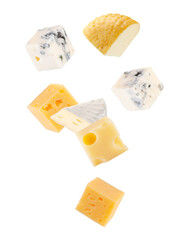 Pieces of various types of cheese. Maasdam, Camembert, Brie, smoked goat cheese, and regular cheese fall in space. Isolated on white.