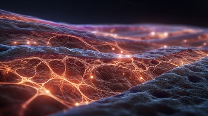 Scientific visualization of synthetic skin cells at a microscopic level. The structure should appear similar to human skin layers.