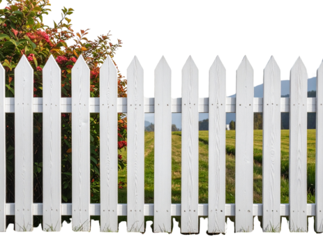 White picket fence isolated on transparent background, PNG. White wooden picket fence