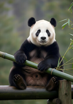 Giant Panda Resting on Bamboo Branch in Natural Habitat.