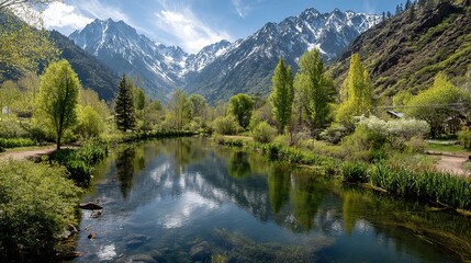 Fototapeta premium Majestic Snow-Capped Peaks Reflecting in Turquoise Alpine Lake, Lush Coniferous Forest Surroundings for Outdoor Adventure and Ecotourism Campaigns