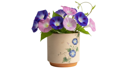 Morning glory flower arrangement in a pot isolated PNG with Transparent Background