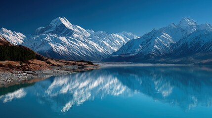 Fototapeta premium Perfect Mountain Reflection in Crystal Clear Alpine Lake, Symmetrical Landscape for Calming Wall Art and Meditation Content
