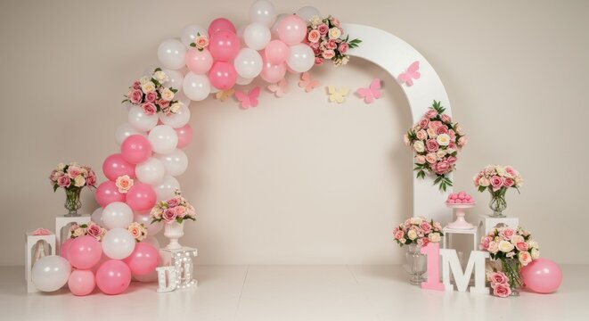 First Birthday Party Backdrop with Balloons and Flowers – Photo Zone Decoration