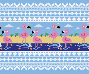 Geometric bird pattern, full-length, horizontal seamless decoration, designed for background decoration, fabric, clothing.