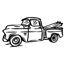 Old Truck Drawing Surfer Beach Silhouette Sketch