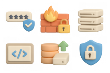 Cybersecurity icons set with firewall, shield, and data protection in 3d style
