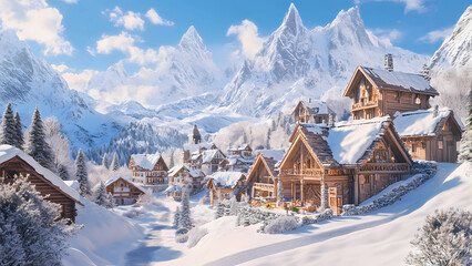 Fototapeta premium Picturesque Wooden Chalet in Snowy Alpine Landscape with Carvings, Steep Roofs, and Towering Mountain Peaks