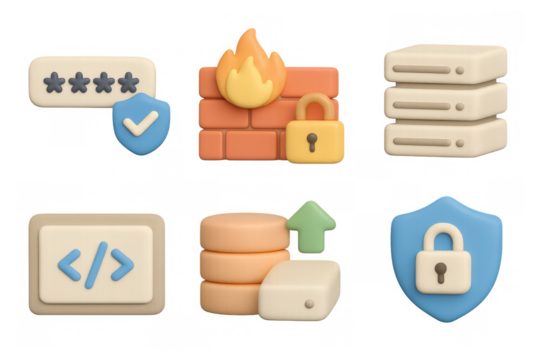 Cybersecurity icons set with firewall, shield, and data protection in 3d style