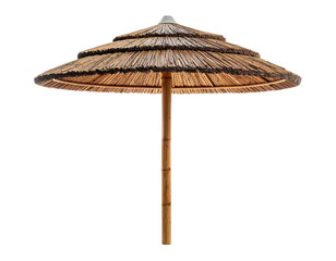 Exotic Straw Umbrella with Bamboo Pole Isolated on White Background 