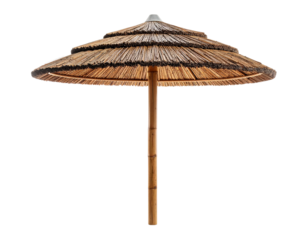 Exotic Straw Umbrella with Bamboo Pole Isolated on White Background 