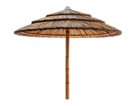 Exotic Straw Umbrella with Bamboo Pole Isolated on White Background 