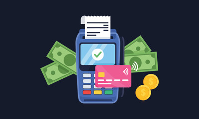 Payment terminal with credit card and cash showing money transactions for digital retail finance