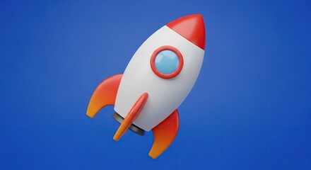 Colorful cartoon rocket launching in blue sky background