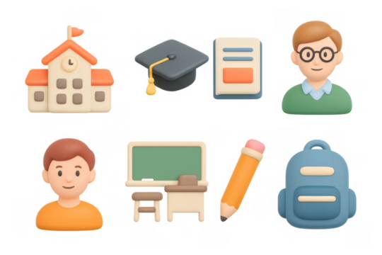 Educational objects in 3d style: school, graduation, classroom, and student elements