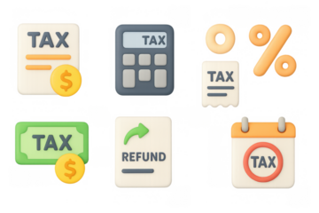 Colorful 3d tax icons set with calculator, money, and symbols for financial themes