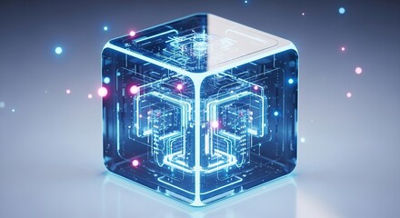 Futuristic glowing digital cube with intricate circuit design and blue lights
