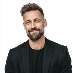 Confident adult man wearing stylish black suit and shirt, hands in pockets, looking away and smiling, modern professional corporate