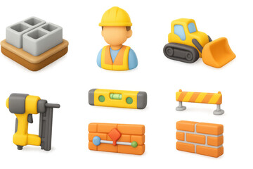 Fototapeta premium 3d construction icons collection: tools, equipment, and worker figures