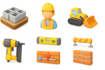 3d construction icons collection: tools, equipment, and worker figures