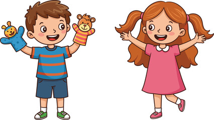 Cartoon children playing with hand puppets, joyful boy and girl illustration, colorful kids art, fun educational concept, cheerful character design