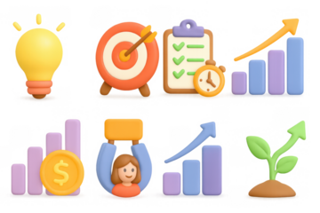3d business icons: growth, target, and productivity symbols