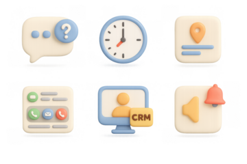3d business icons set with crm, communication, and time management graphics