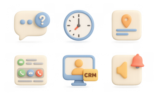 3d business icons set with crm, communication, and time management graphics