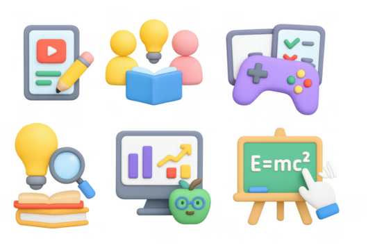 Colorful 3d education and technology icons with books and gadgets