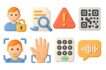 3d security and communication icons set with qr code and alert symbols