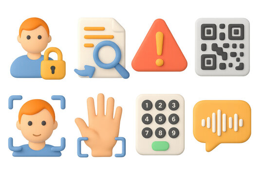 3d security and communication icons set with qr code and alert symbols