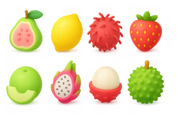 Bright 3d cartoon fruit collection: guava, lemon, lychee, melon, durian, and more
