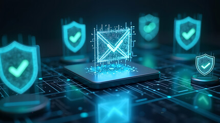  Holographic Email Envelope Icon Protected by a Digital Shield on a Tech Background