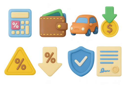Colorful 3d icons representing finance and safety with calculator, wallet, and shield