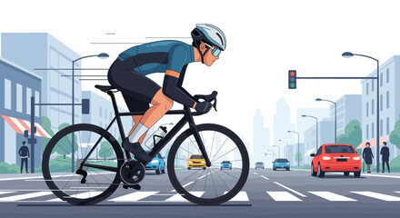 Fototapeta premium Animated cyclist riding on urban roads with cityscapes and car traffic