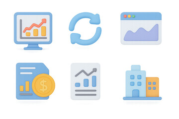 Pastel infographic icons set including charts, sync, and buildings for business concepts