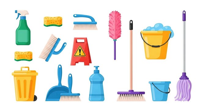 Assorted cleaning supplies and tools isolated on white background