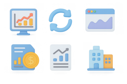 Pastel infographic icons set including charts, sync, and buildings for business concepts