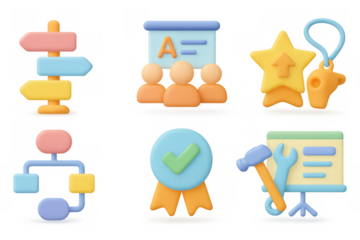 Colorful 3d icons set featuring tools, charts, and awards for creative projects