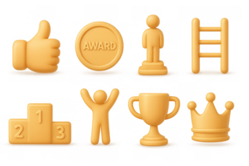 3d golden success icons: trophy, crown, podium, and award symbols for achievement themes