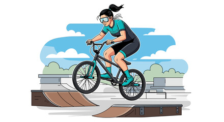 Fototapeta premium Cartoon female cyclist performing a trick on a ramp in a skatepark