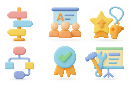 Colorful 3d icons set featuring tools, charts, and awards for creative projects