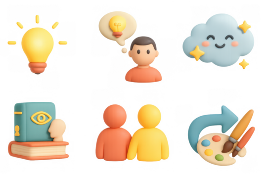 Cute 3d icons: creativity, ideas, teamwork and art elements with happy cloud - Powered by Adobe