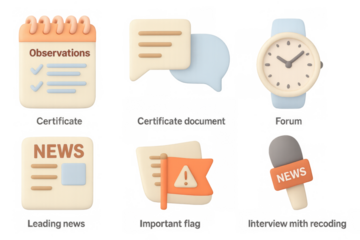3d pastel icons set: news, certificate, forum, alert, communication, time