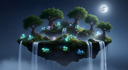 Enchanted Island in the Sky A Surreal Landscape with Glowing Mushrooms and Waterfalls