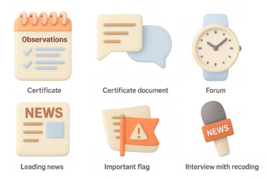 3d pastel icons set: news, certificate, forum, alert, communication, time