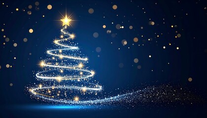 Glowing spiral of light forms a Christmas tree shape against a dark blue backdrop with shimmering bokeh
