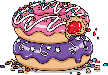 Sweet donuts stacked high, a pink iced doughnut with sprinkles and a jam filled bite taken